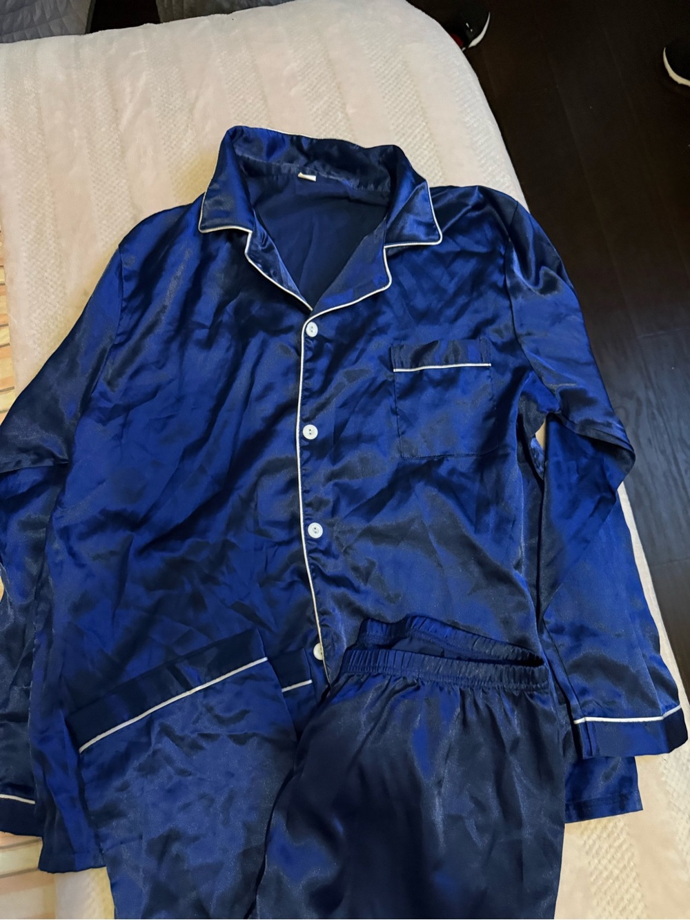 Navy Blue Satin Pajama Set with White Piping